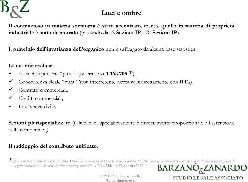 705 (1) ), Concorrenza sleale pura (non interferente neppure indirettamente con IPRs), Contratti commerciali, Crediti commerciali, Insolvenza civile.