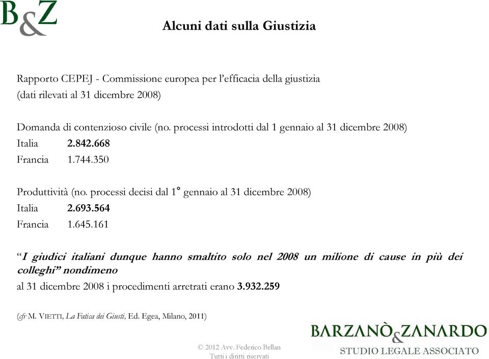 processi decisi dal 1 gennaio al 31 dicembre 2008) Italia 2.693.564 Francia 1.645.