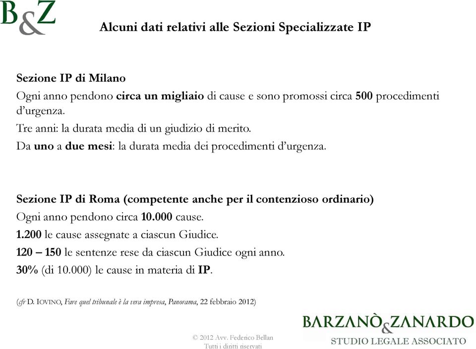 Sezione IP di Roma (competente anche per il contenzioso ordinario) Ogni anno pendono circa 10.000 cause. 1.200 le cause assegnate a ciascun Giudice.