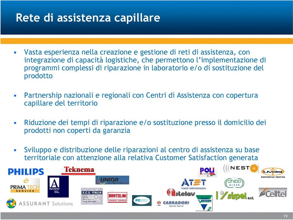 Assistenza con copertura capillare del territorio Riduzione dei tempi di riparazione e/o sostituzione presso il domicilio dei prodotti non coperti da