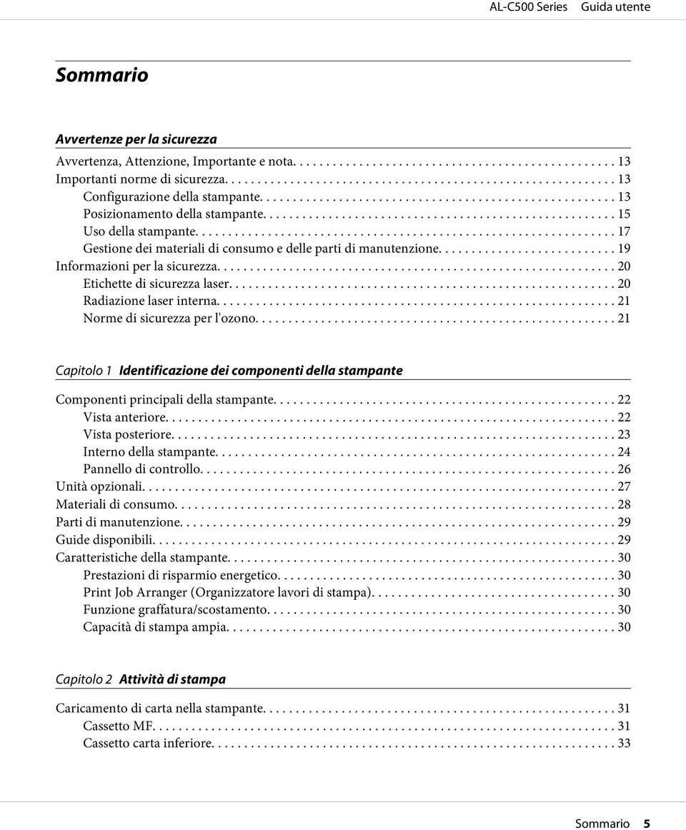 .. 21 Norme di sicurezza per l'ozono..... 21 Capitolo 1 Identificazione dei componenti della stampante Componenti principali della stampante... 22 Vista anteriore... 22 Vista posteriore.