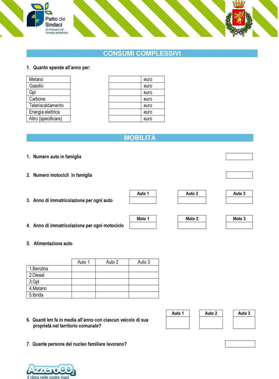 Anno di immatricolazione per ogni motociclo Moto 1 Moto 2 Moto 3 5. Alimentazione auto 1.Benzina 2.Diesel 3.Gpl 4.Metano 5.