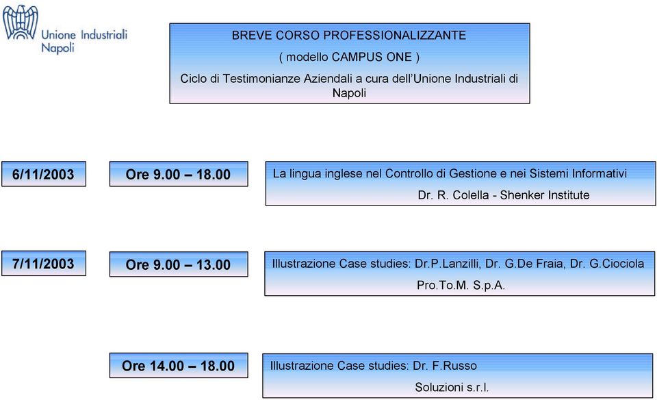 00 La lingua inglese nel Controllo di Gestione e nei Sistemi Informativi Dr. R.