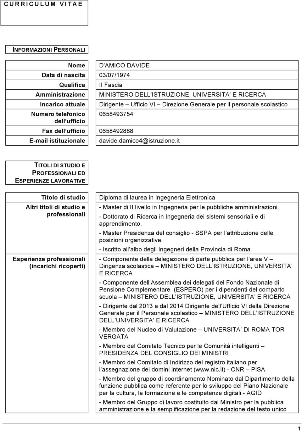 it TITOLI DI STUDIO E PROFESSIONALI ED ESPERIENZE LAVORATIVE Titolo di studio Altri titoli di studio e professionali Esperienze professionali (incarichi ricoperti) Diploma di laurea in Ingegneria