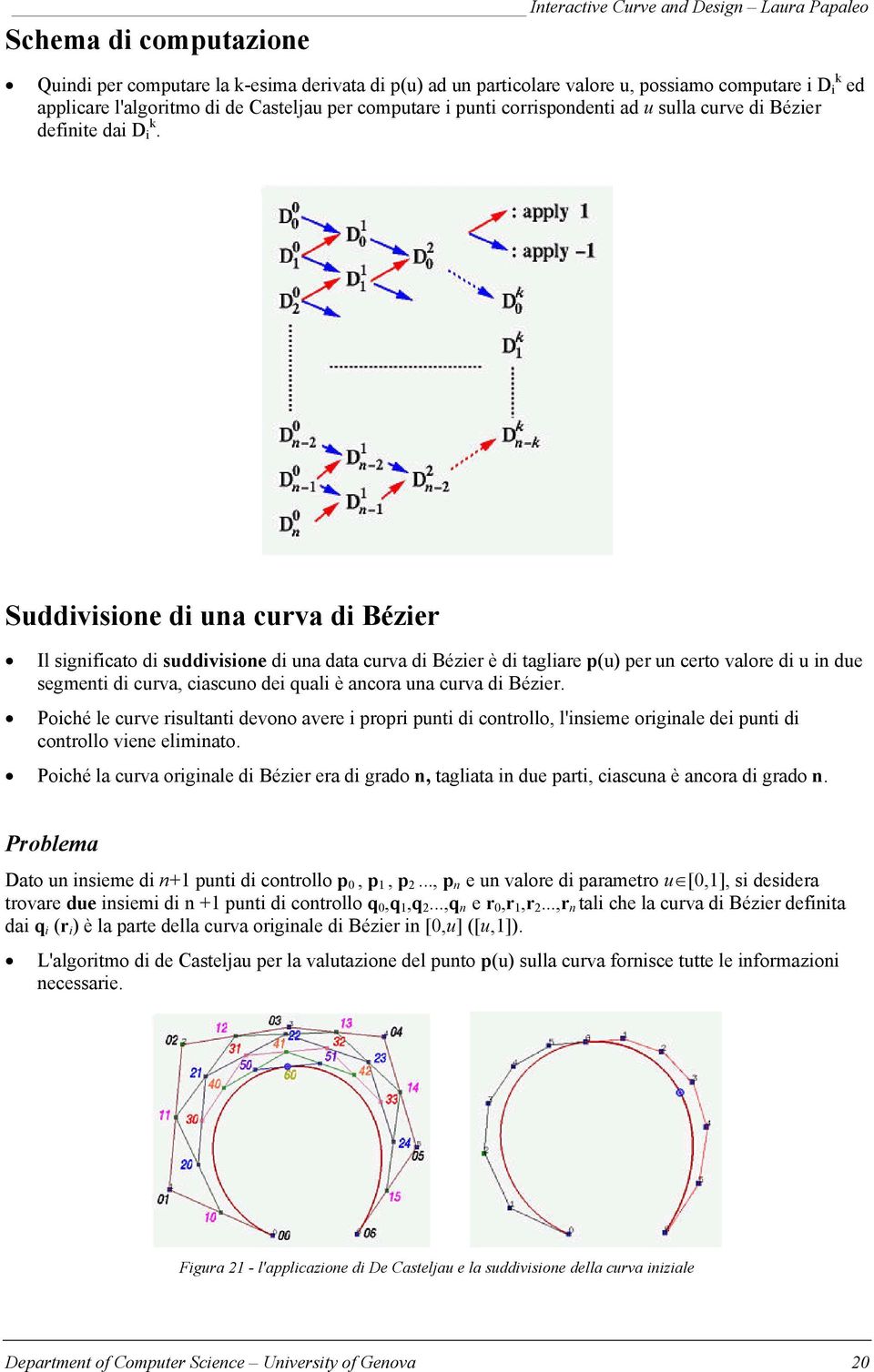 Suddivisione di una curva di Bézier Il significato di suddivisione di una data curva di Bézier è di tagliare p(u) per un certo valore di u in due segmenti di curva, ciascuno dei quali è ancora una