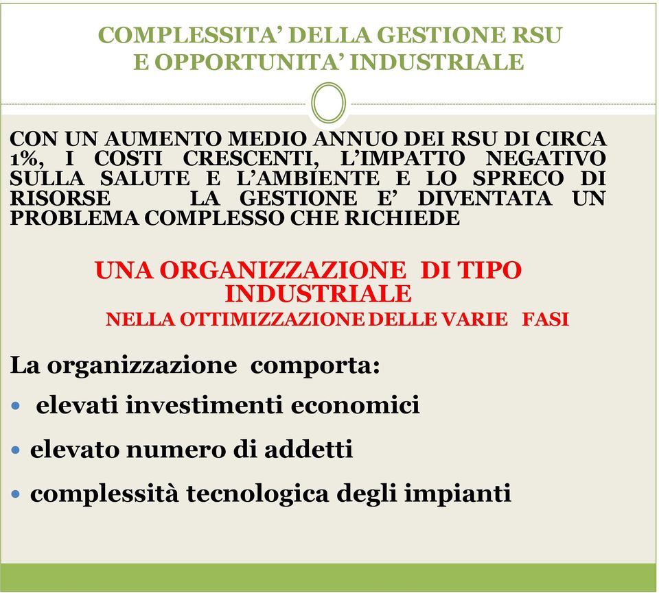 PROBLEMA COMPLESSO CHE RICHIEDE UNA ORGANIZZAZIONE DI TIPO INDUSTRIALE NELLA OTTIMIZZAZIONE DELLE VARIE FASI La