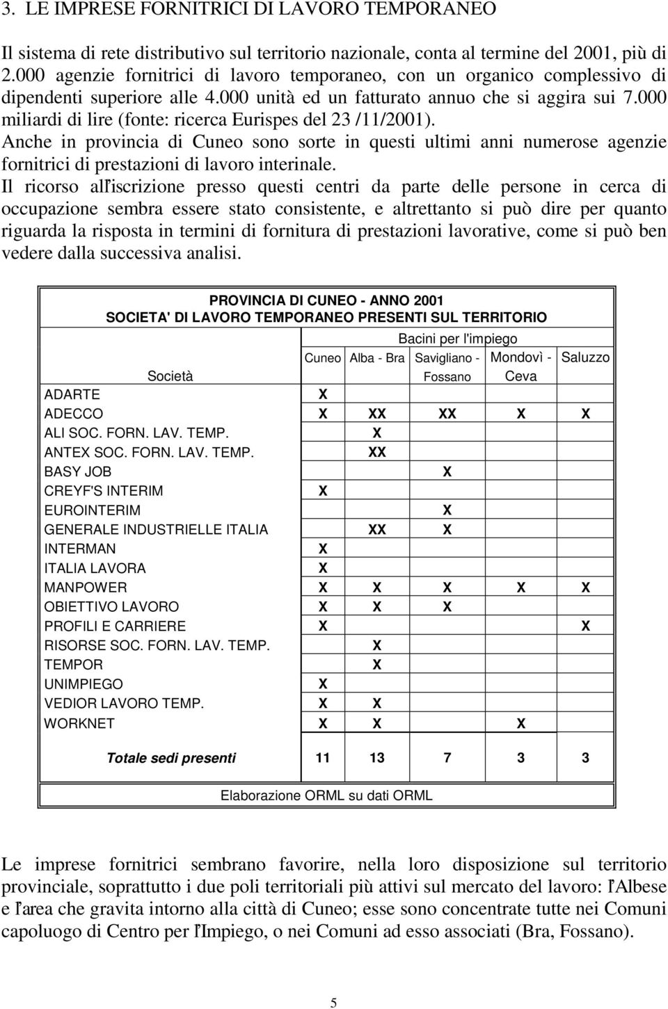 000 miliardi di lire (fonte: ricerca Eurispes del 23 /11/2001). Anche in provincia di Cuneo sono sorte in questi ultimi anni numerose agenzie fornitrici di prestazioni di lavoro interinale.