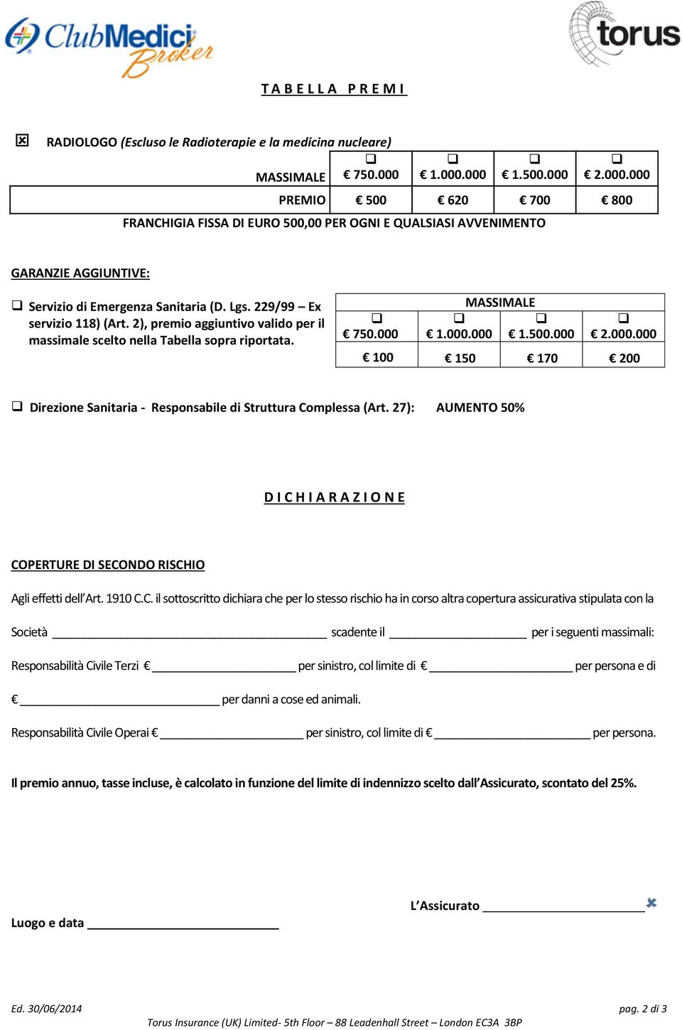 229/99 Ex servizio 118) (Art. 2), premio aggiuntivo valido per il massimale scelto nella Tabella sopra riportata. 750.000 