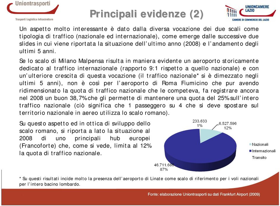 Se lo scalo di Milano Malpensa risulta in maniera evidente un aeroporto storicamente dedicato al traffico internazionale (rapporto 9:1 rispetto a quello nazionale) e con un ulteriore crescita di