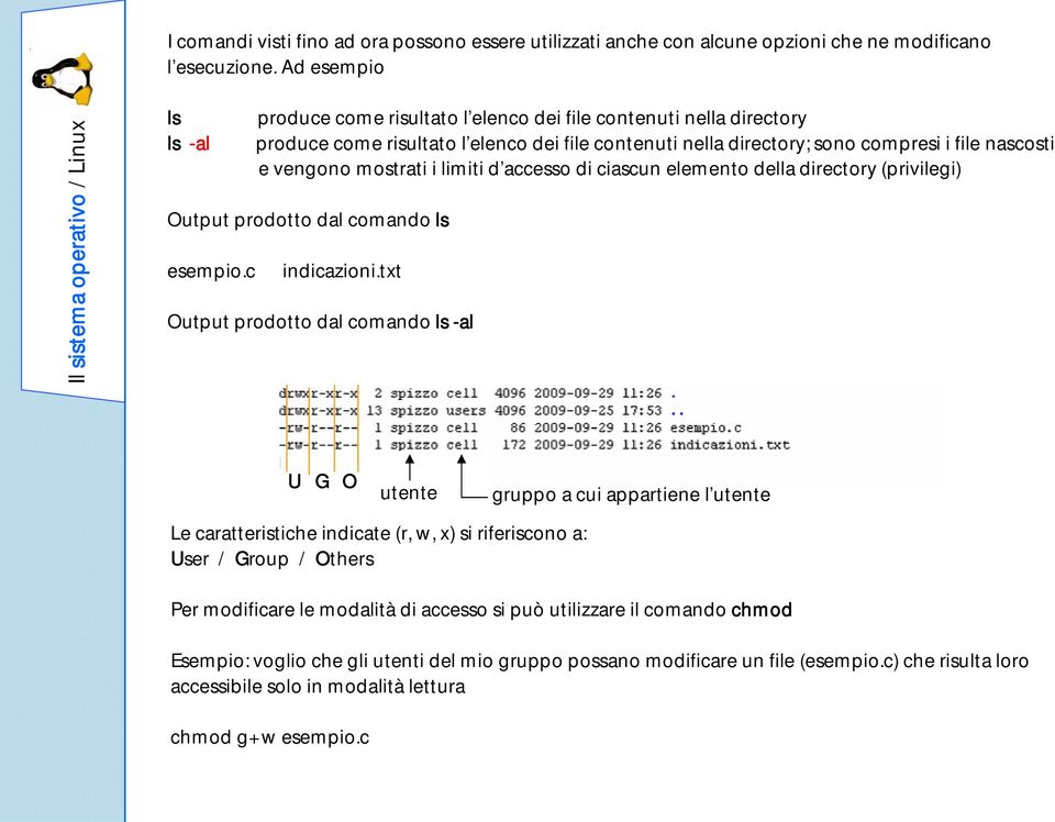 mostrati i limiti d accesso di ciascun elemento della directory (privilegi) Output prodotto dal comando ls esempio.c indicazioni.