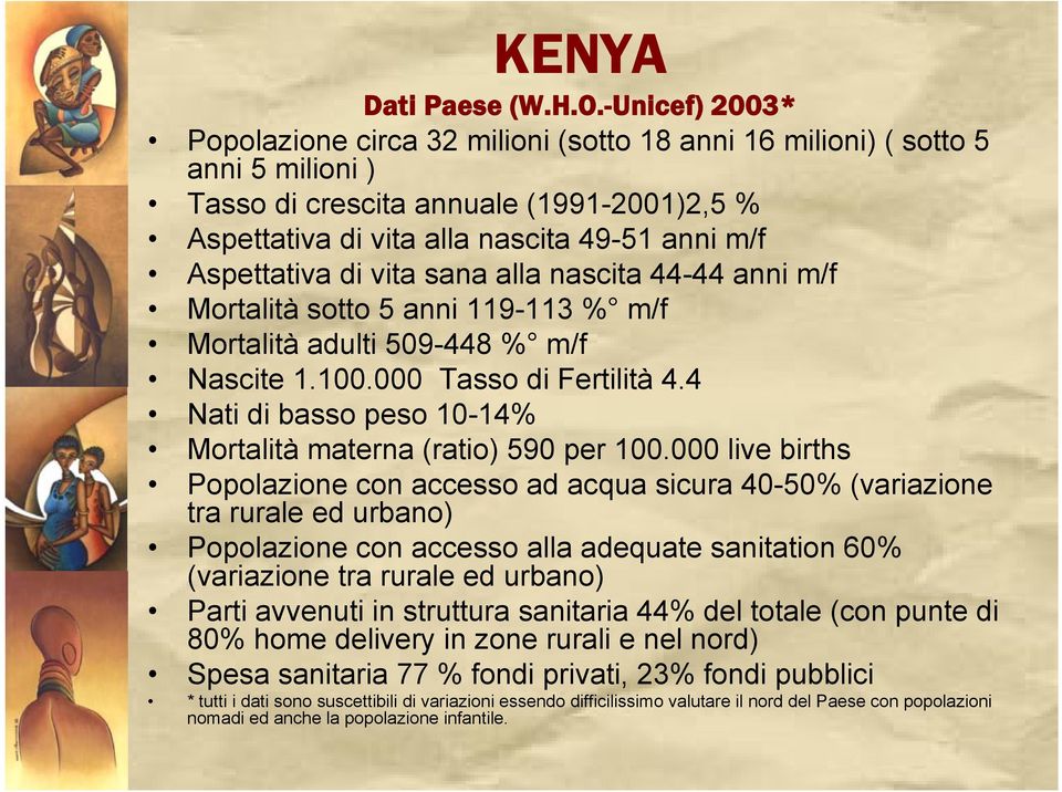 Aspettativa di vita sana alla nascita 44-44 anni m/f Mortalità sotto 5 anni 119-113 % m/f Mortalità adulti 509-448 % m/f Nascite 1.100.000 Tasso di Fertilità 4.