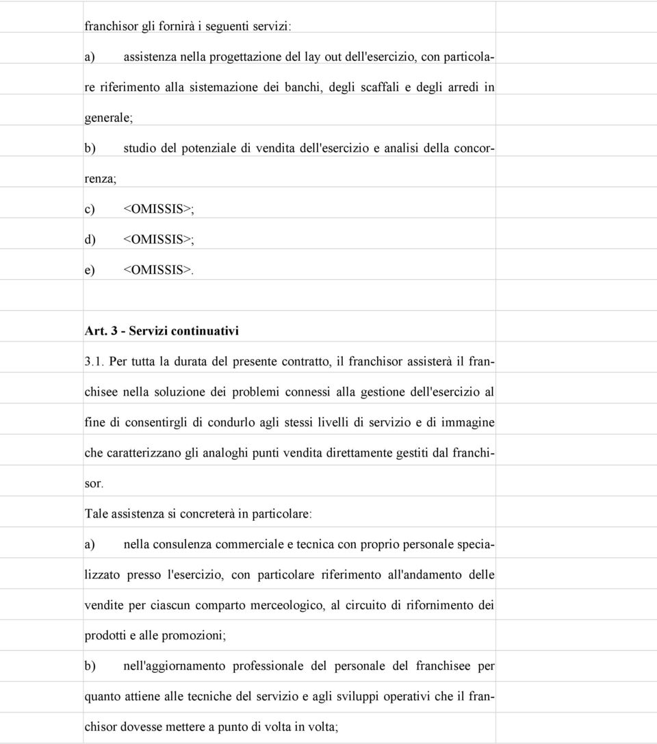 Per tutta la durata del presente contratto, il franchisor assisterà il franchisee nella soluzione dei problemi connessi alla gestione dell'esercizio al fine di consentirgli di condurlo agli stessi