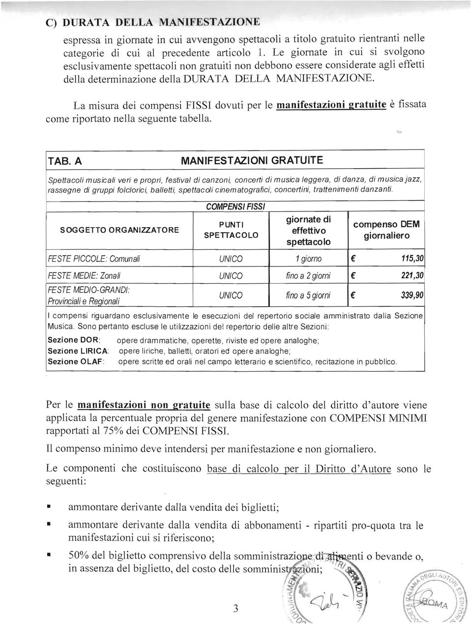 La misura dei compensi FISSI dovuti per le manifestazioni gratuite è fissata come riportato nella seguente tabella. TAB.