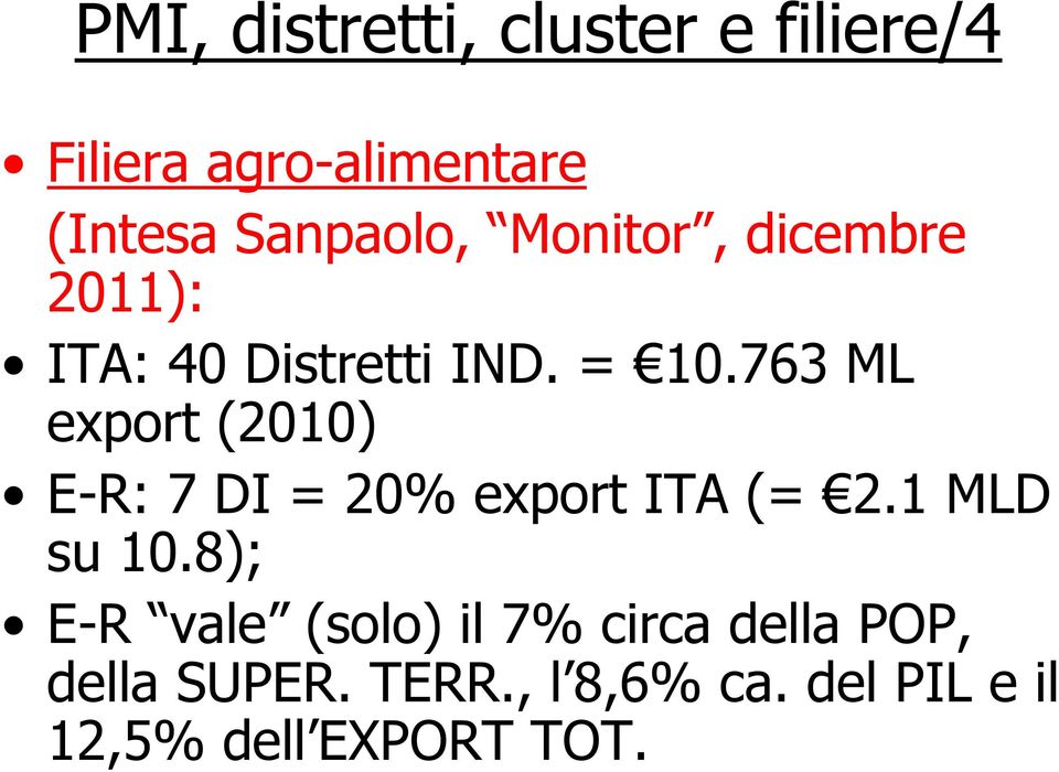 763 ML export (2010) E-R: 7 DI = 20% export ITA (= 2.1 MLD su 10.