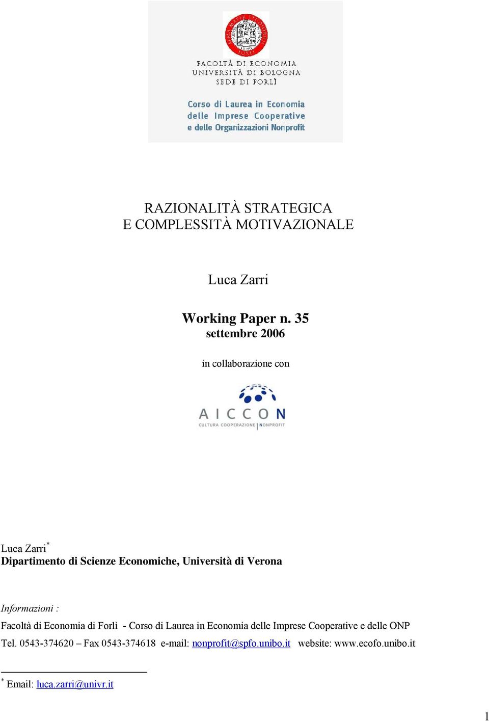 Verona Informazioni : Facoltà di Economia di Forlì - Corso di Laurea in Economia delle Imprese