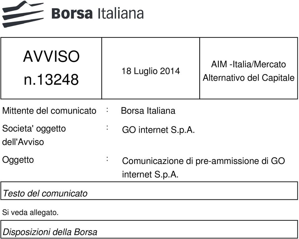 Mittente del comunicato : Borsa Italiana Societa' oggetto dell'avviso :