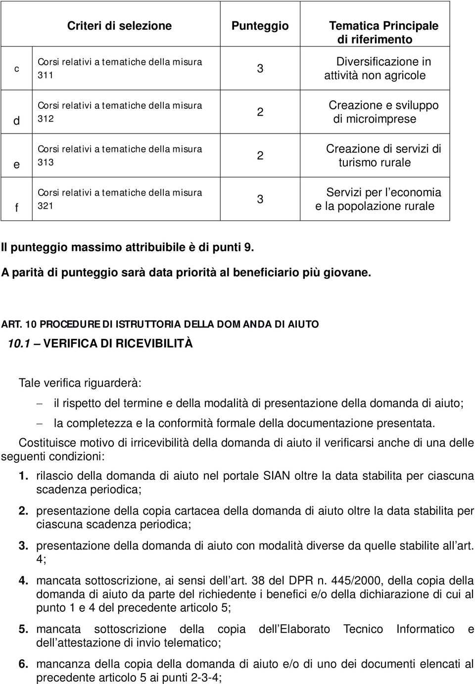 economia e la popolazione rurale Il punteggio massimo attribuibile è di punti 9. A parità di punteggio sarà data priorità al beneficiario più giovane. ART.