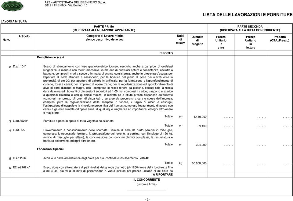 compresi i muri a secco o malta scarsa consistenza, anche presenza d'acqua: per l'apertura sede stradale e cassonetto, per la bonifica del piano posa dei rilevati oltre la profontà cm 20; per