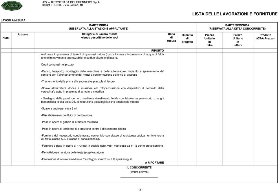 -Trasfermento dalla prima alla successive piazzole lavoro -Scavo attrezzatura idonea a rotazione e/o rotopercussione con spositivo controllo della verticalita e getto presenza armatura metallica -