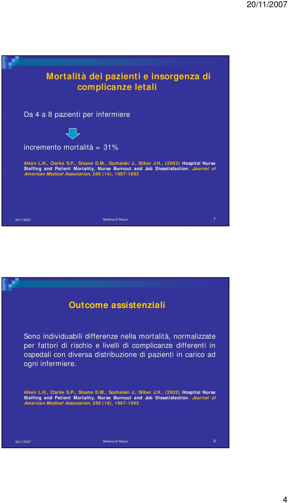 Journal of American Medical Association, 288 (16), 1987-1993 7 Sono individuabili id differenze nella mortalità, normalizzate per fattori di rischio e livelli di complicanze differenti in