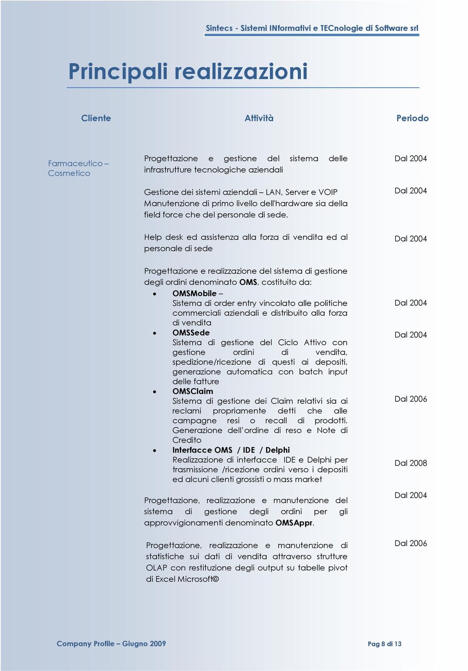 Help desk ed assistenza alla forza di vendita ed al personale di sede Progettazione e realizzazione del sistema di gestione degli ordini denominato OMS, costituito da: OMSMobile Sistema di order