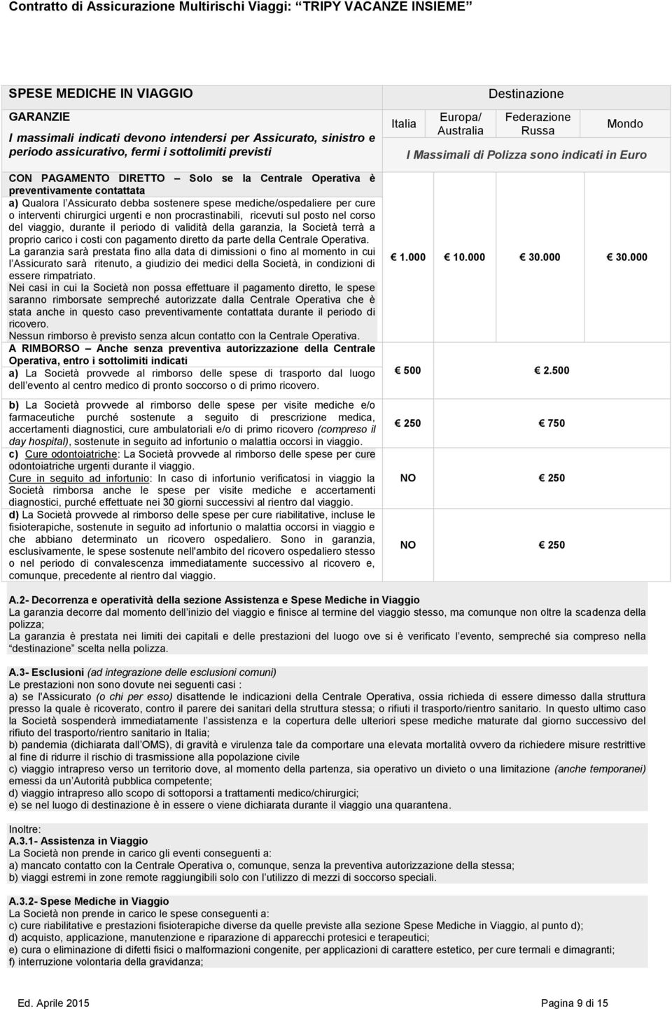 del viaggio, durante il periodo di validità della garanzia, la Società terrà a proprio carico i costi con pagamento diretto da parte della Centrale Operativa.