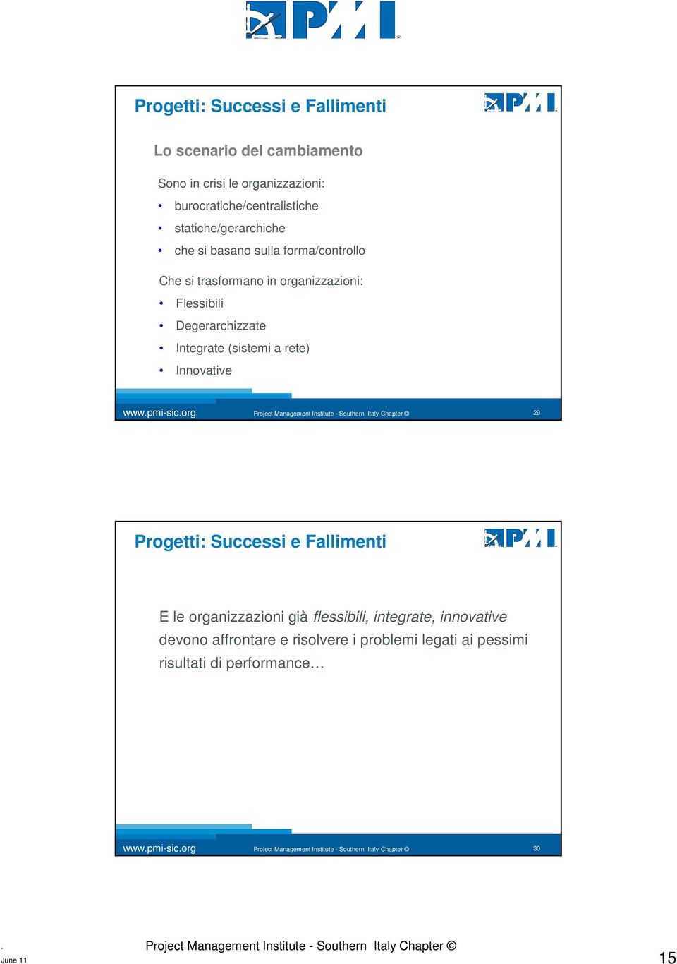 organizzazioni: Flessibili Degerarchizzate Integrate (sistemi a rete) Innovative 29 Progetti: Successi e Fallimenti