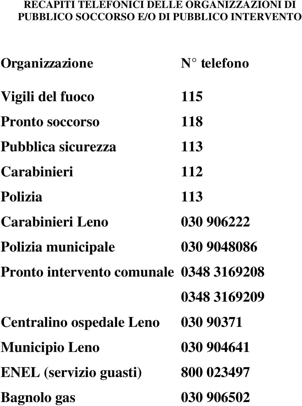 Pronto intervento comunale Centralino ospedale Leno Municipio Leno ENEL (servizio guasti) Bagnolo gas N