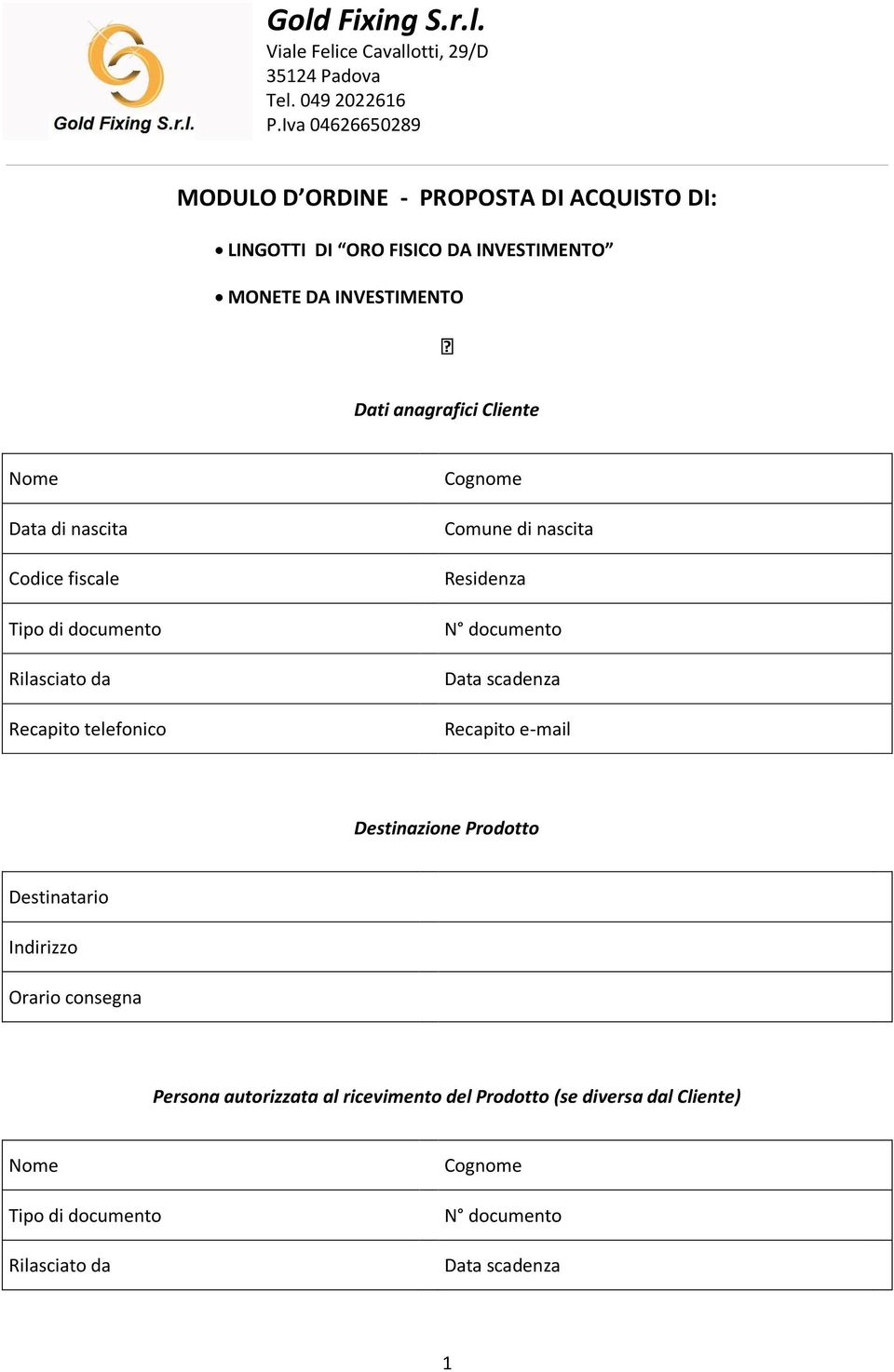 Residenza N documento Data scadenza Recapito e-mail Destinazione Prodotto Destinatario Indirizzo Orario consegna Persona