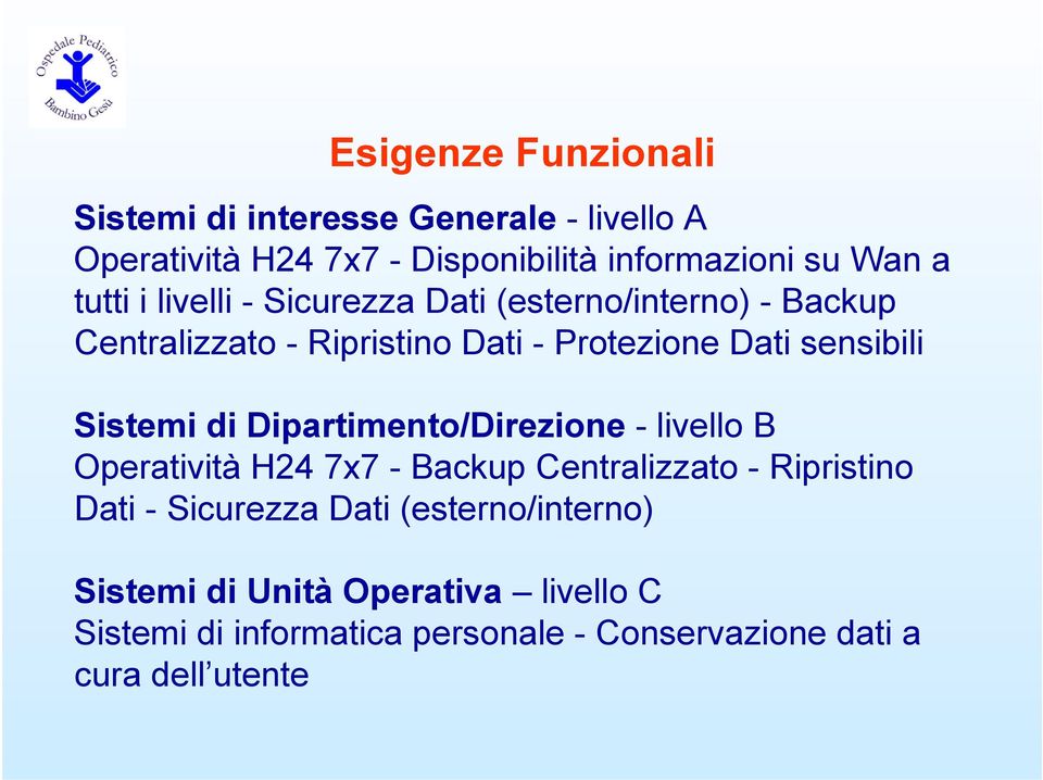 Sistemi di Dipartimento/Direzione - livello B Operatività H24 7x7 - Backup Centralizzato - Ripristino Dati - Sicurezza