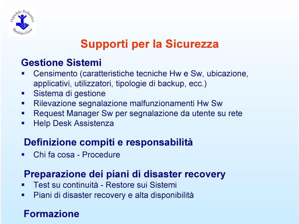 rete Help Desk Assistenza Definizione compiti e responsabilità Chi fa cosa - Procedure Preparazione dei piani di disaster