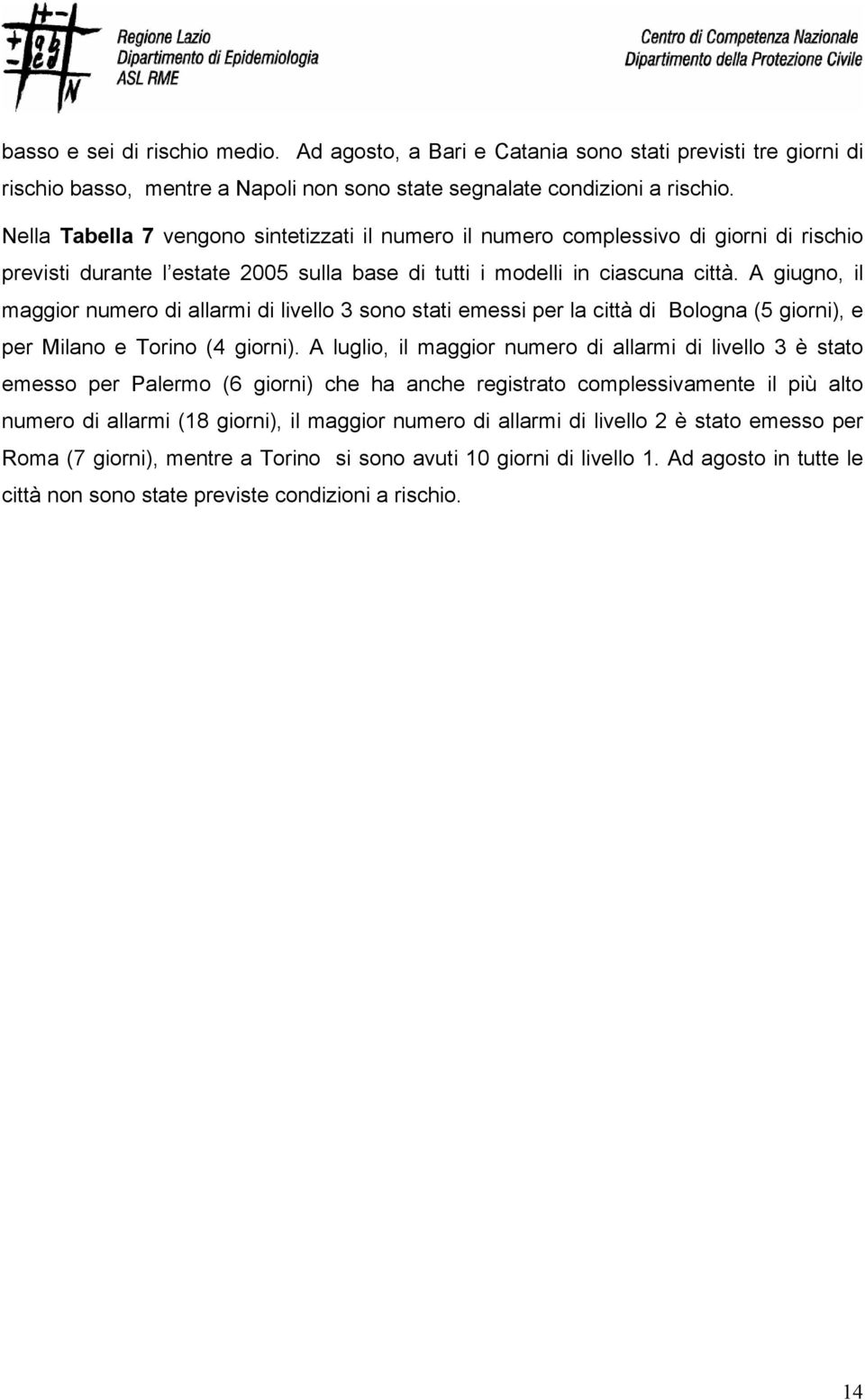 A giugno, il maggior numero di allarmi di livello 3 sono stati emessi per la città di Bologna (5 giorni), e per Milano e Torino (4 giorni).