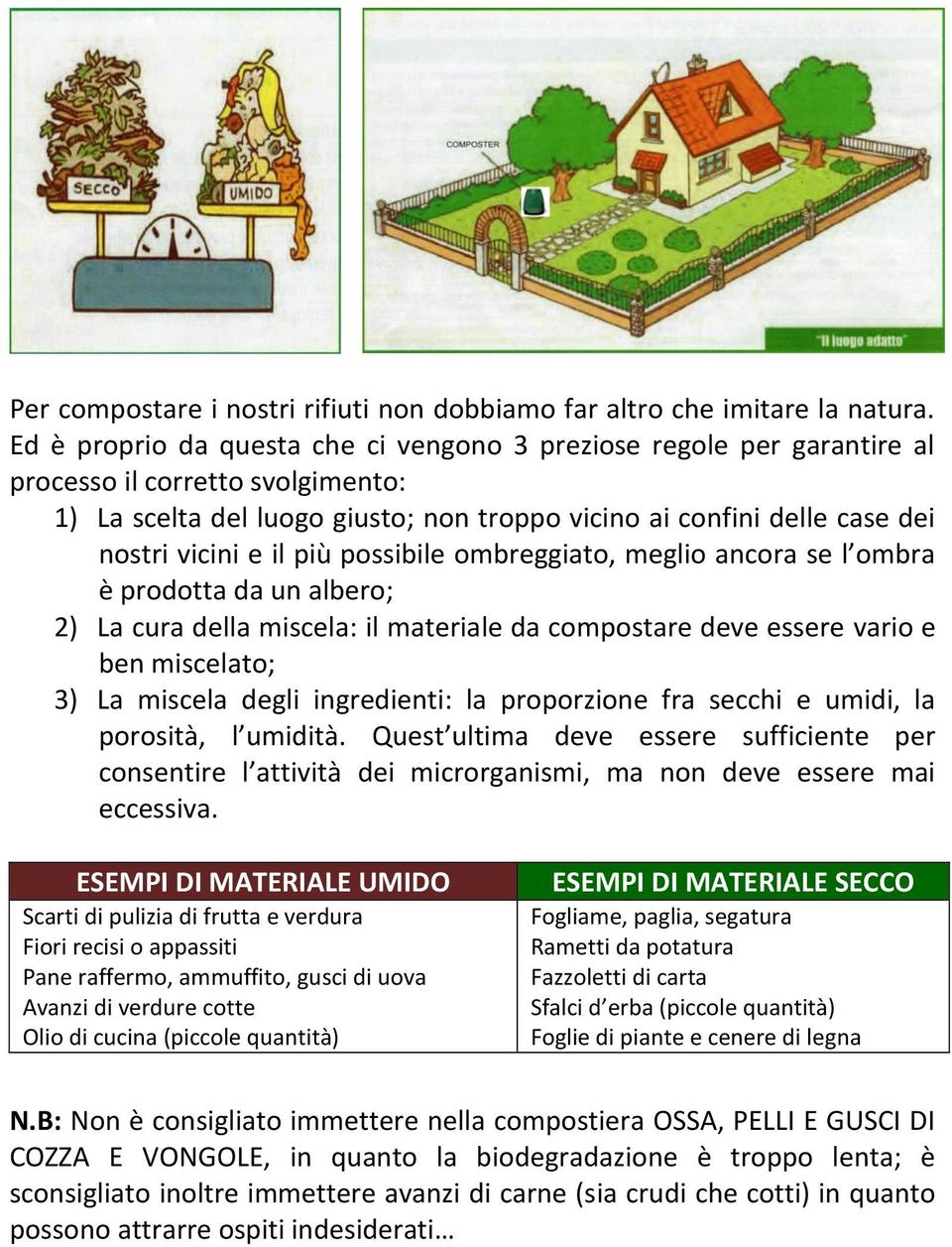 il più possibile ombreggiato, meglio ancora se l ombra è prodotta da un albero; 2) La cura della miscela: il materiale da compostare deve essere vario e ben miscelato; 3) La miscela degli