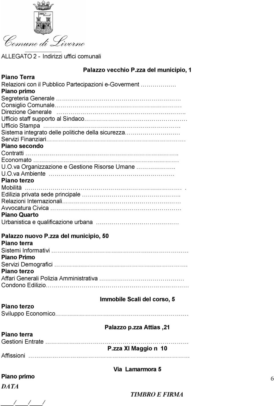 va Organizzazione e Gestione Risorse Umane.. U.O.va Ambiente Piano terzo Mobilità.. Edilizia privata sede principale.