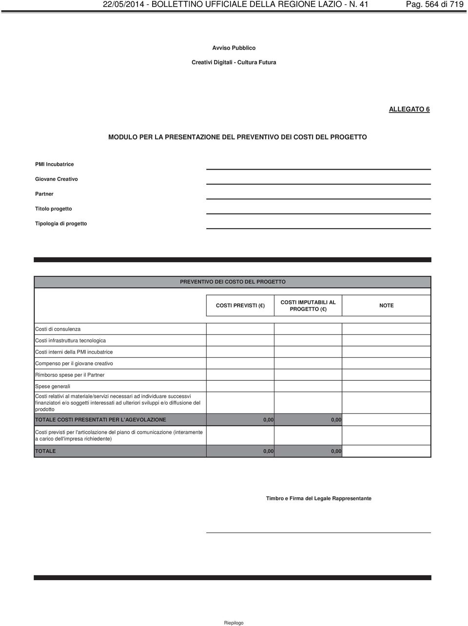 Tipologia di progetto PREVENTIVO DEI COSTO DEL PROGETTO COSTI PREVISTI ( ) COSTI IMPUTABILI AL PROGETTO ( ) NOTE Costi di consulenza Costi infrastruttura tecnologica Costi interni della PMI