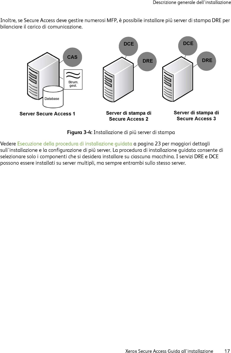 Database Server Secure Access 1 Server di stampa di Secure Access 2 Server di stampa di Secure Access 3 Figura 3-4: Installazione di più server di stampa Vedere Esecuzione della procedura di