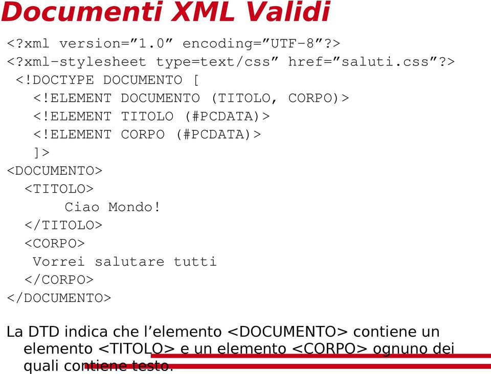 xml stylesheet type=text/css href= saluti.css?> <!DOCTYPE DOCUMENTO [ <!ELEMENT DOCUMENTO (TITOLO, CORPO)> <!