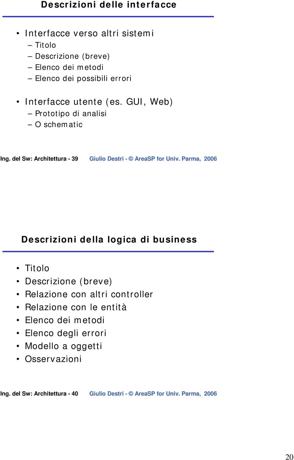 del Sw: Architettura - 39 Descrizioni della logica di business Titolo Descrizione (breve) Relazione con altri