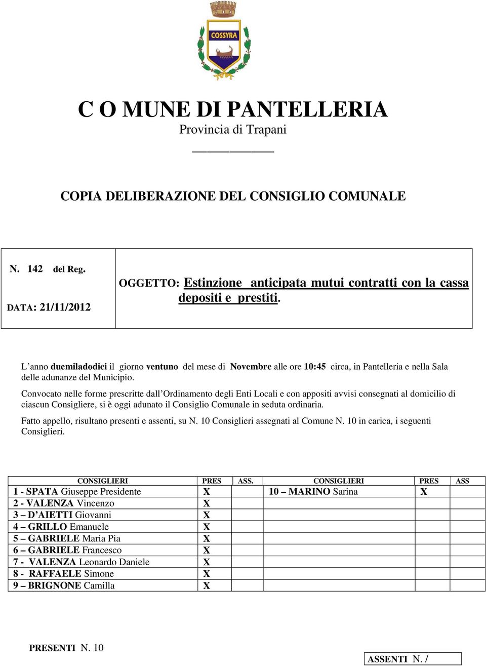 L anno duemiladodici il giorno ventuno del mese di Novembre alle ore 10:45 circa, in Pantelleria e nella Sala delle adunanze del Municipio.