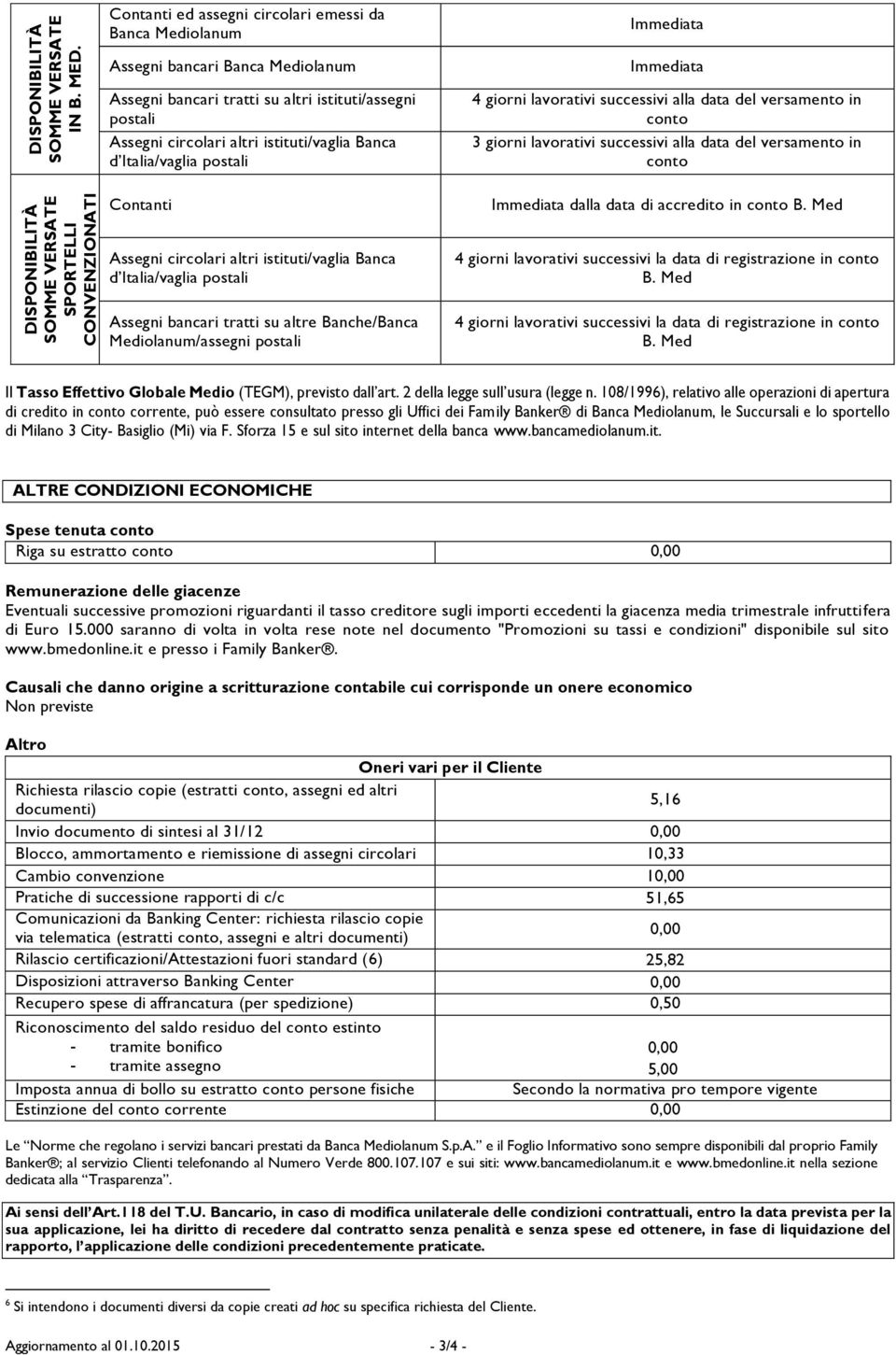 Assegni circolari altri istituti/vaglia Banca d Italia/vaglia postali Contanti Assegni circolari altri istituti/vaglia Banca d Italia/vaglia postali Assegni bancari tratti su altre Banche/Banca