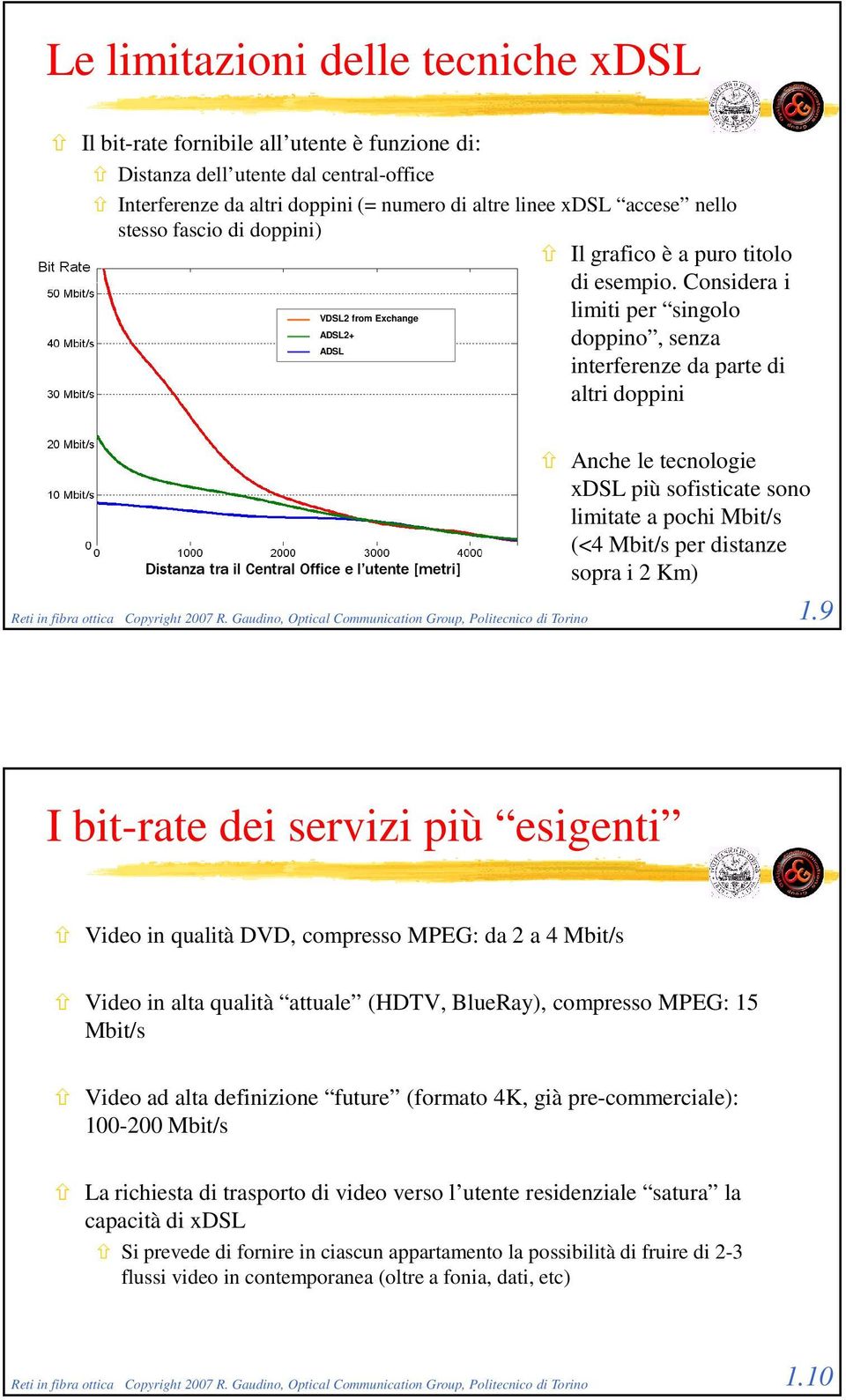 Considera i limiti per singolo VDSL2 from Exchange ADSL2+ doppino, senza ADSL interferenze da parte di altri doppini Distanza tra il Central Office e l utente [metri] Anche le tecnologie xdsl più