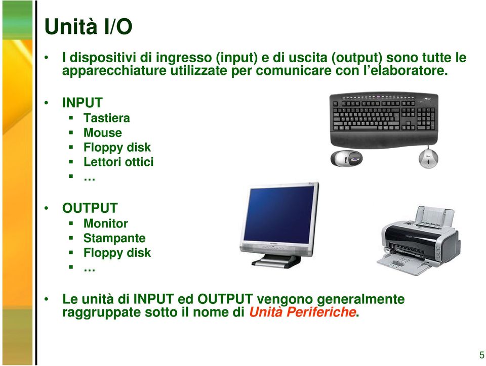 INPUT Tastiera Mouse Floppy disk Lettori ottici OUTPUT Monitor Stampante Floppy