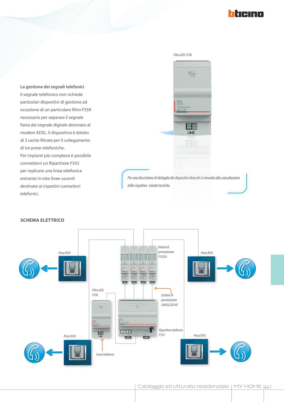 Per impianti più complessi è possibile connettervi un Ripartitore F555 per replicare una linea telefonica entrante in otto linee uscenti destinate ai rispettivi connettori telefonici.