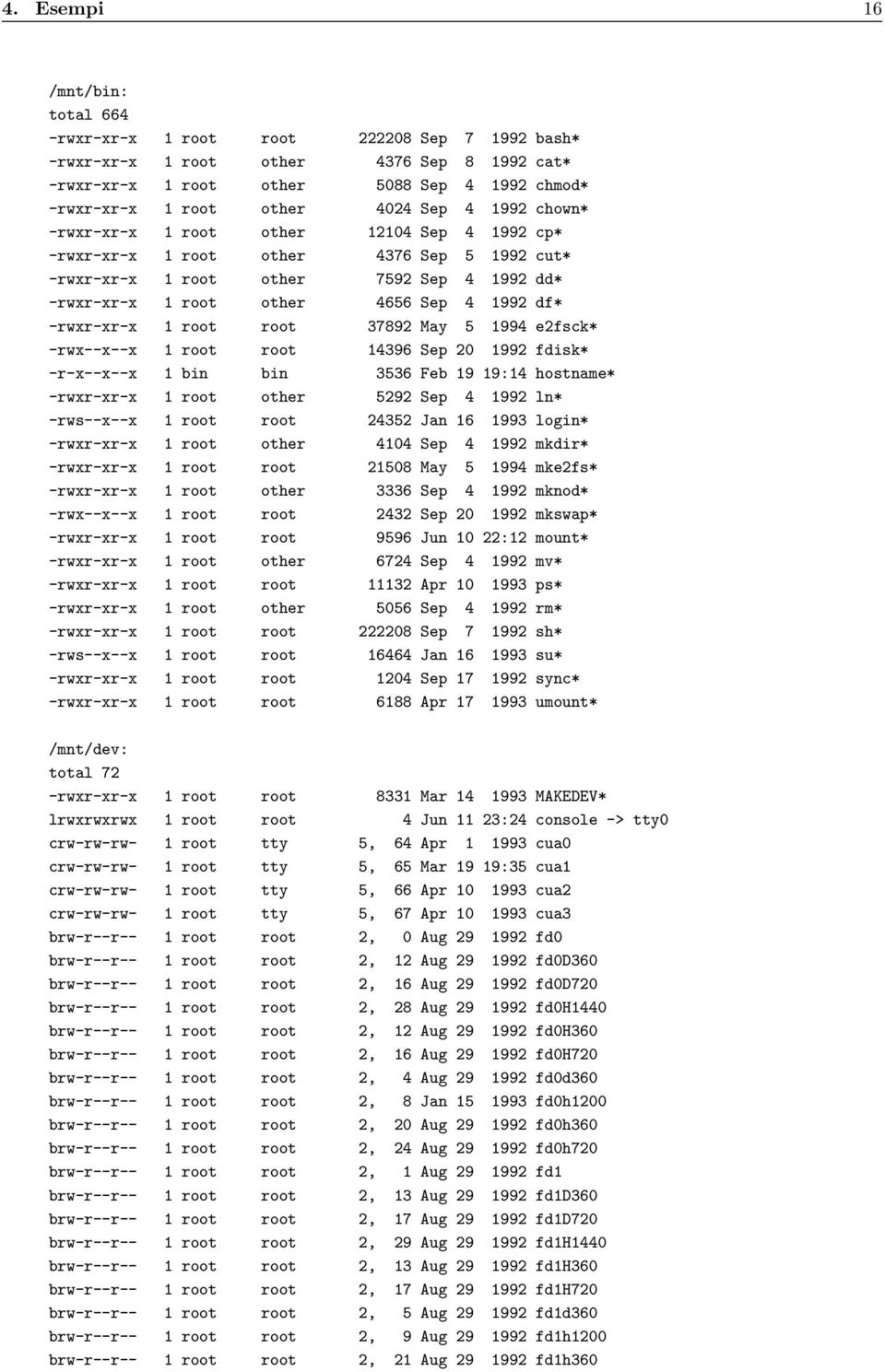 df* -rwxr-xr-x 1 root root 37892 May 5 1994 e2fsck* -rwx--x--x 1 root root 14396 Sep 20 1992 fdisk* -r-x--x--x 1 bin bin 3536 Feb 19 19:14 hostname* -rwxr-xr-x 1 root other 5292 Sep 4 1992 ln*