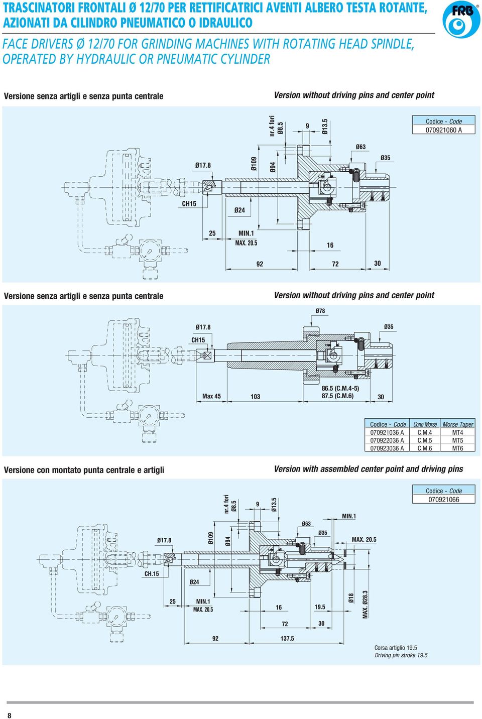 Versione senza artigli e senza punta centrale Version without driving pins and center point 86.5 (C.M.4-5) 87.5 (C.M.6) 30 070921036 A 070922036 A 070923036 A Cono Morse C.M.4 C.