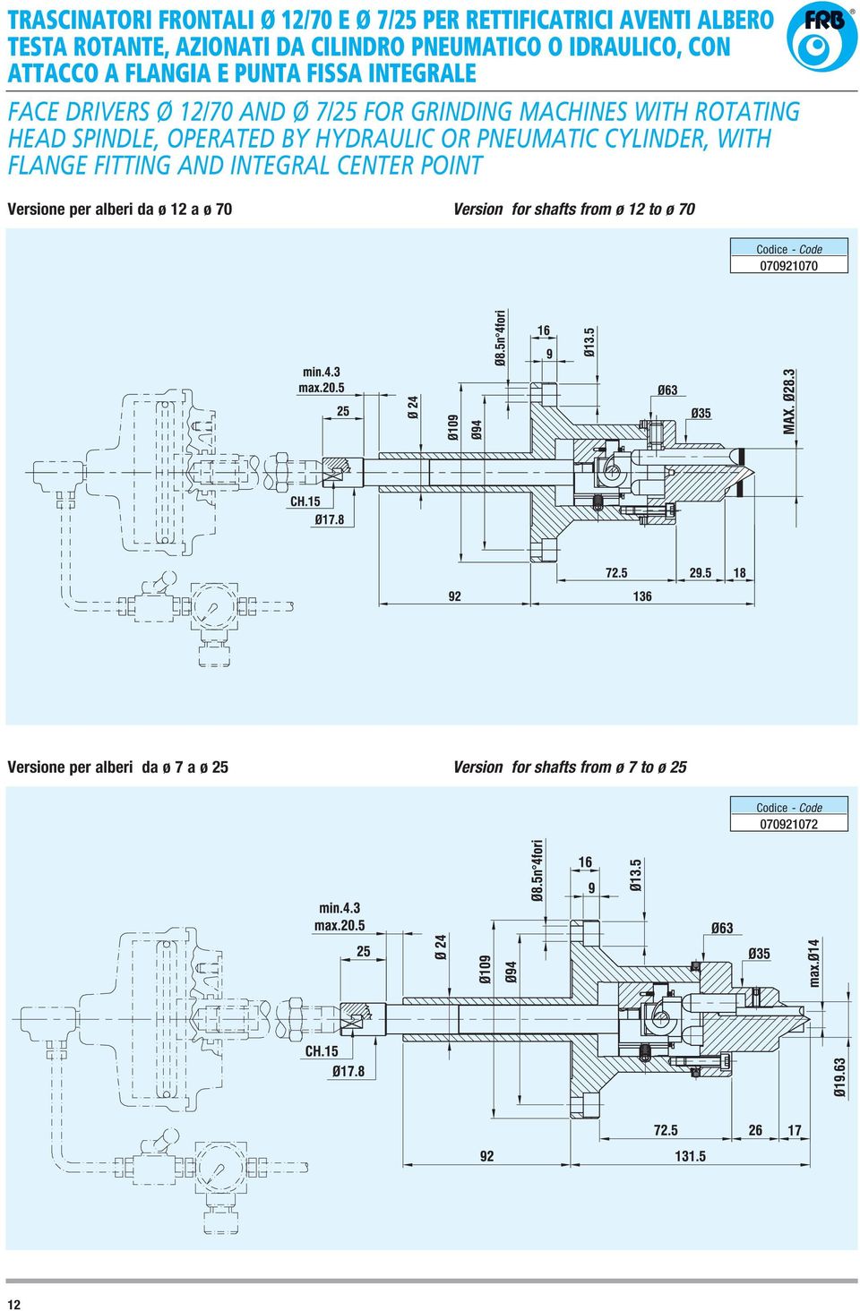 HEAD SPINDLE, OPERATED BY HYDRAULIC OR PNEUMATIC CYLINDER, WITH FLANGE FITTING AND INTEGRAL CENTER POINT Versione per alberi da