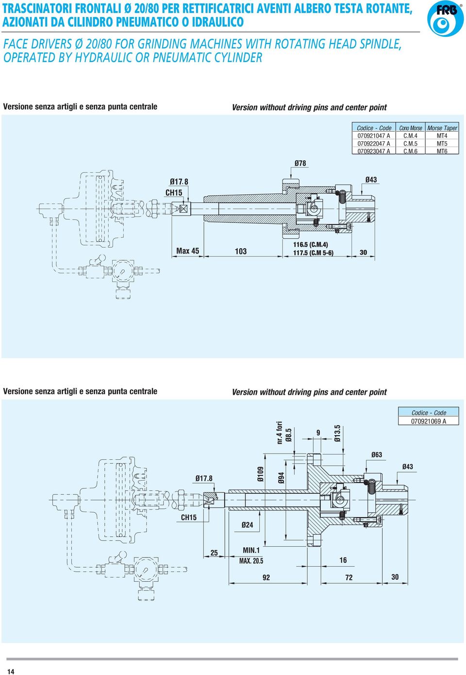 without driving pins and center point 070921047 A 070922047 A 070923047 A Cono Morse C.M.4 C.M.5 C.M.6 Morse Taper MT4 MT5 MT6 116.5 (C.M.4) 117.