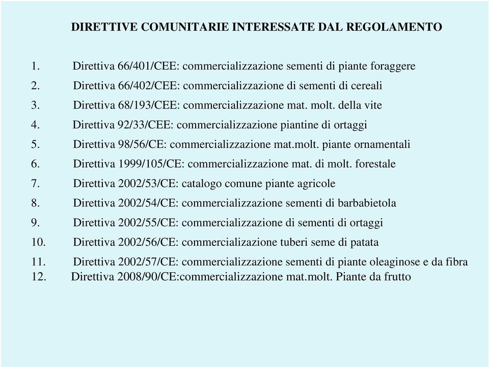 Direttiva 1999/105/CE: commercializzazione mat. di molt. forestale 7. Direttiva 2002/53/CE: catalogo comune piante agricole 8. Direttiva 2002/54/CE: commercializzazione sementi di barbabietola 9.