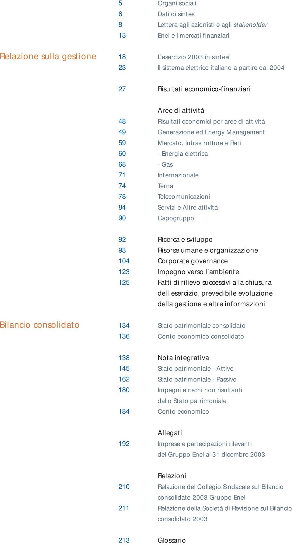 Reti - Energia elettrica - Gas Internazionale Terna Telecomunicazioni Servizi e Altre attività Capogruppo 92 93 104 123 125 Ricerca e sviluppo Risorse umane e organizzazione Corporate governance