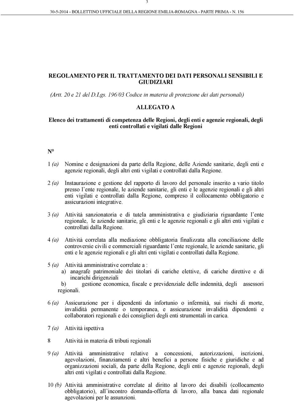 Regioni N 1 (a) Nomine e designazioni da parte della Regione, delle Aziende sanitarie, degli enti e agenzie regionali, degli altri enti vigilati e controllati dalla Regione.